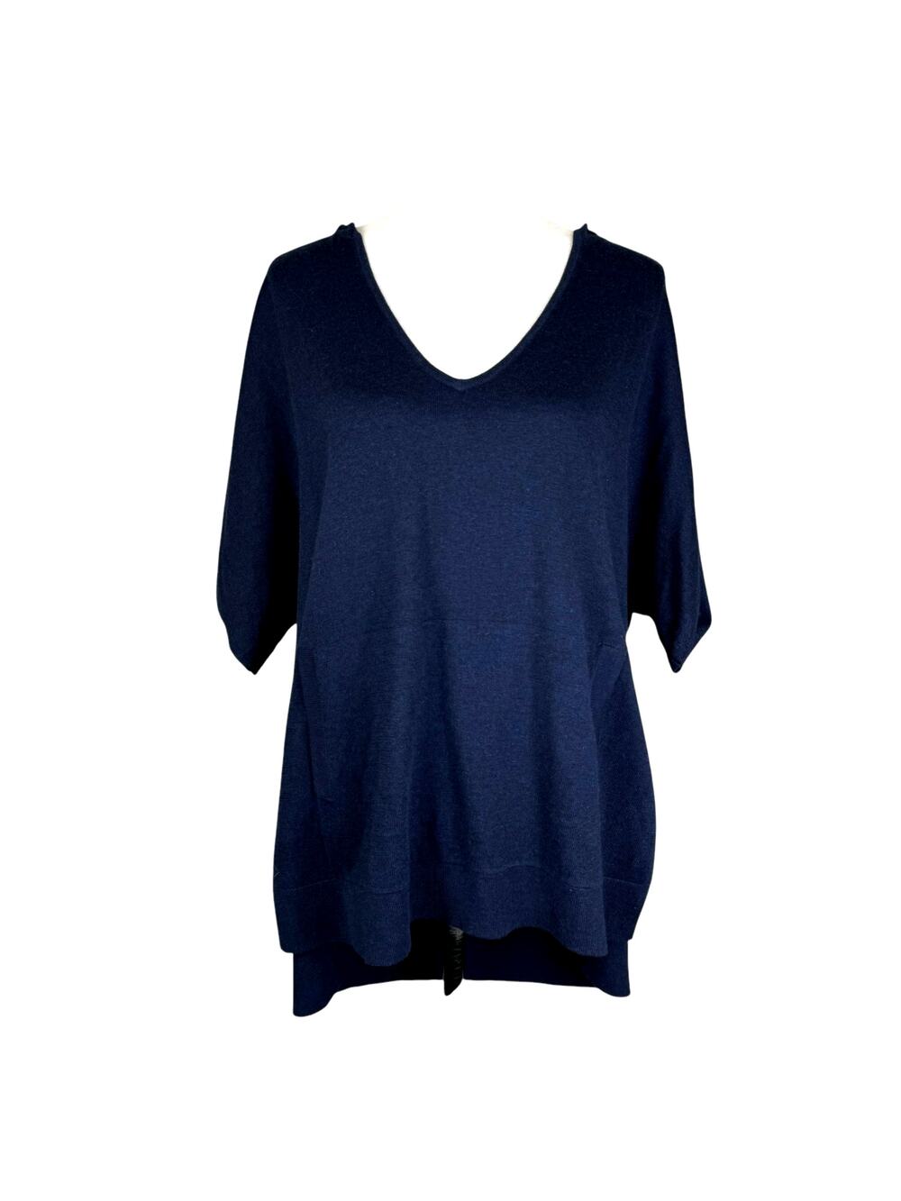 Caroline Grace NWT Navy Hooded Pocket Short Sleeve Cashmere Blend Knit Sweater